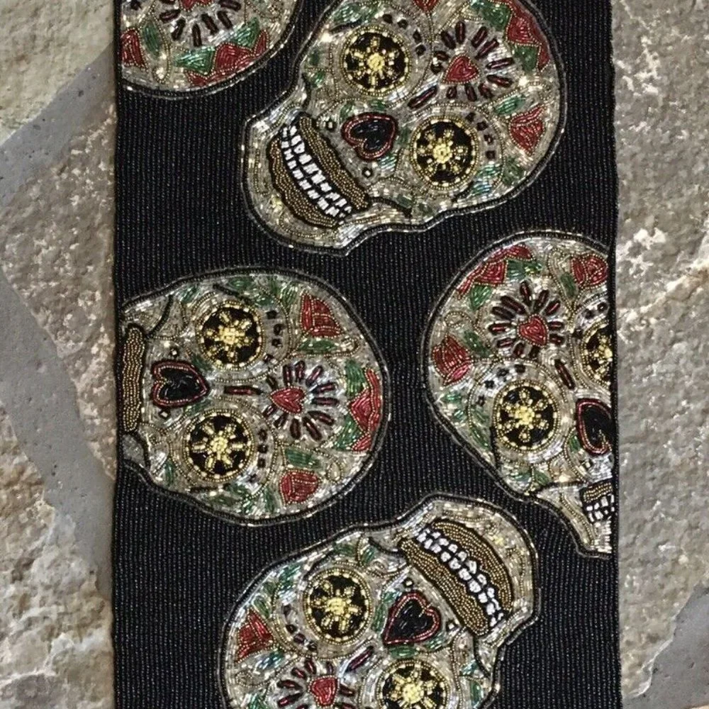 Nicole Miller Beaded Sugar Skull Heart Roses Table Runner Halloween Centerpiece